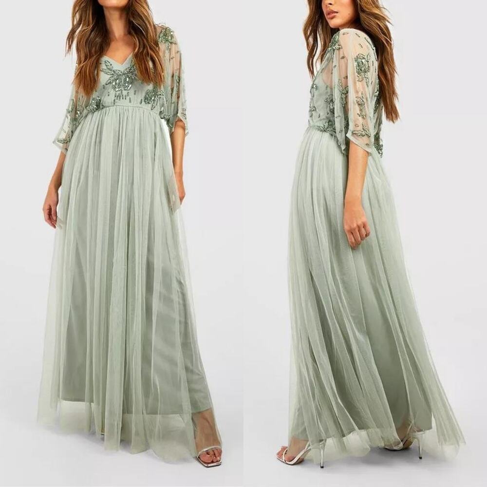 Boohoo Occasion NWT TALL Hand Embellished Kimono Maxi Bridesmaid Formal Gown